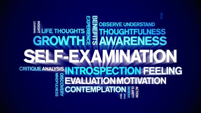 Self-Examination animated word cloud-text design animation tag kinetic typography seamless loop.