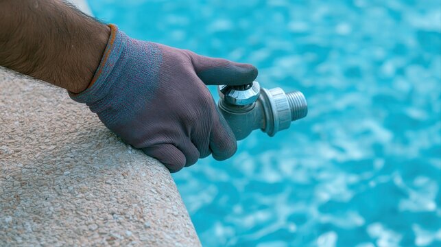 Pool maintenance technician adjusting plumbing valve near swimming pool water system