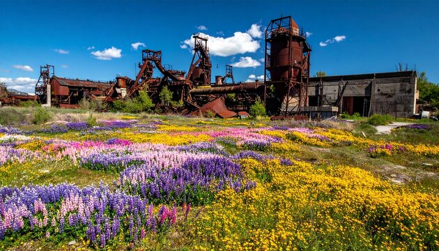 Colorful tulip field with historic windmill in Netherlands spring.