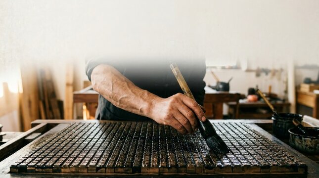 Artisan applying ink to movable type blocks for letterpress printing in a studio