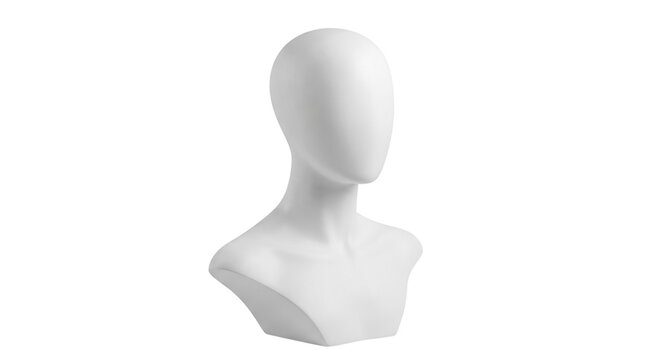 White mannequin head bust on transparent background, faceless female display dummy for fashion retail, minimalist plastic mannequin torso for jewelry and hats