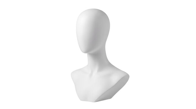 Minimalist white mannequin head and shoulders, faceless female bust for retail display, elegant plastic dummy for jewelry and hat presentation isolated on transparent background