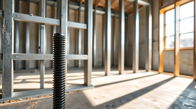 Metal Stud Framework Construction Site Focus On Black Threaded Rod Pin In Sunlit House Interior