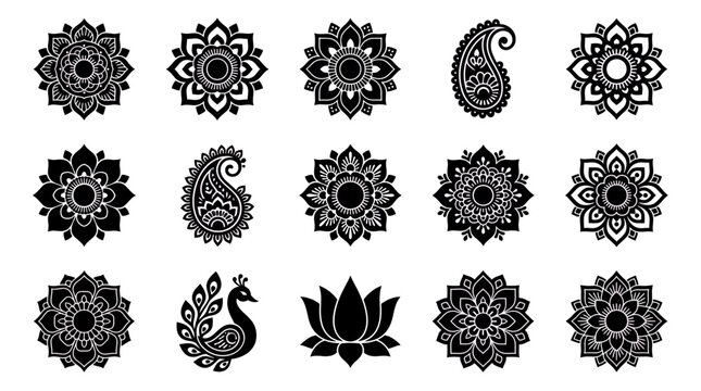 Set of black henna mehndi floral ornaments with mandala circular patterns, paisley shapes, peacock and lotus icons on white background, Symbolizing spiritual art or decorative tattoo design