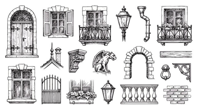 Hand drawn set of vintage architectural elements including windows, doors, balconies, lanterns and gargoyle on white background, provides historical details and representing classic design
