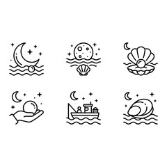 Fototapeta premium Moon and Pearl icon set, outline style, white background