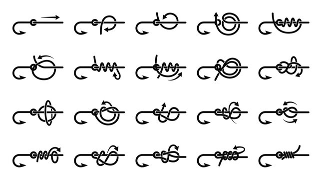 Various fishing knot tutorial icons showing step-by-step instructions for tying line to a metal hook on white background, illustrating angling gear preparation and provides educational guide