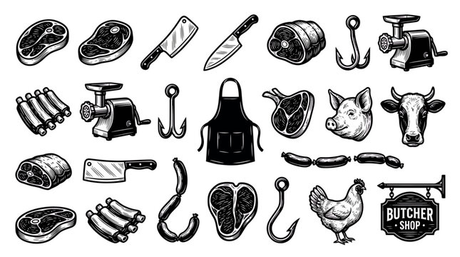 Vintage hand drawn butcher shop icons featuring meat cuts, steaks, cleavers, tools and farm animals on white, providing assets for menu design and symbolizing professional butchery branding