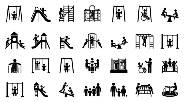 Collection of black silhouette icons featuring kids and disabled people using playground equipment, representing inclusive recreational spaces and symbolizing childhood outdoor activities