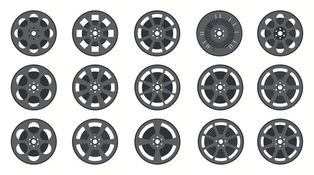 Set of vintage cinema film reel icons and spools in flat style isolated on white background, symbolizing cinematography production and providing elements for movie industry graphic design