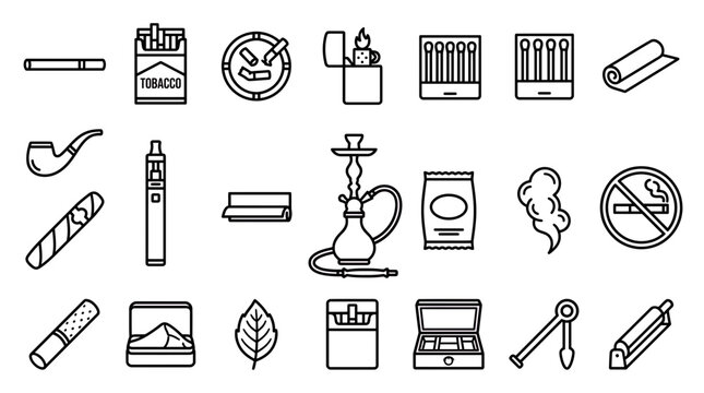 Tobacco and smoking accessories outline icons set featuring cigarette pack lighter pipe hookah matches and vape pen, illustrating smoke culture representing retail and addiction awareness