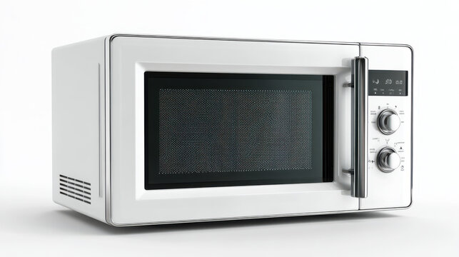 Empty vintage microwave oven with open door displaying reflective interior in minimalist setting