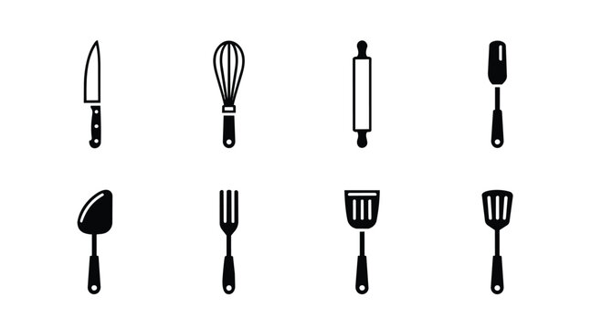 Collection of essential kitchen utensils including a knife, whisk, rolling pin, and spatulas.