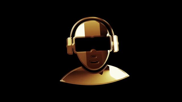 Virtual reality VR golden metal shine symbol concept. Spectacular glowing and reflection light icon abstract 3d animation. Isolated object.