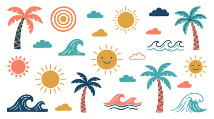 Obraz premium Collection of hand drawn summer doodle icons featuring palm trees, smiling suns, ocean waves and clouds in a flat vector style, illustrating creative tropical vacation and summer travel