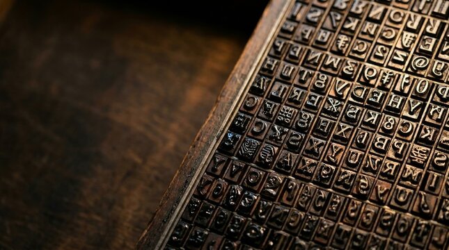 Close-up of antique movable type letterpress blocks with ink texture in a wooden drawer
