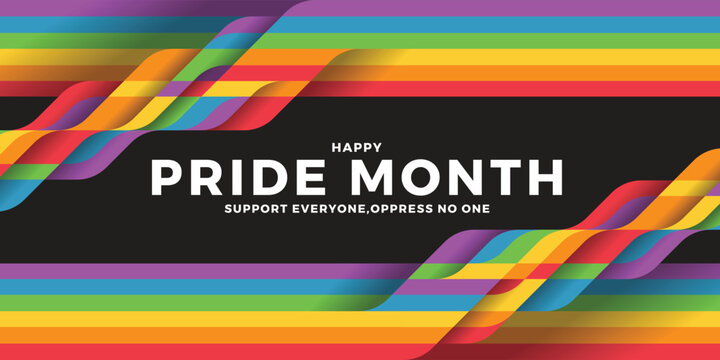 Happy pride month text on black background and abstract rainbow pride flag waving top and bottom vector design