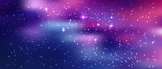 Naklejka premium Magical cosmic scenery with purple nebula, silver starlight, and dark universe elements creating an abstract celestial atmosphere with glowing particles and gradient effects.