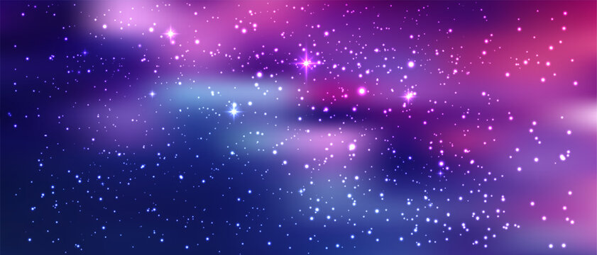Magical cosmic scenery with purple nebula, silver starlight, and dark universe elements creating an abstract celestial atmosphere with glowing particles and gradient effects.