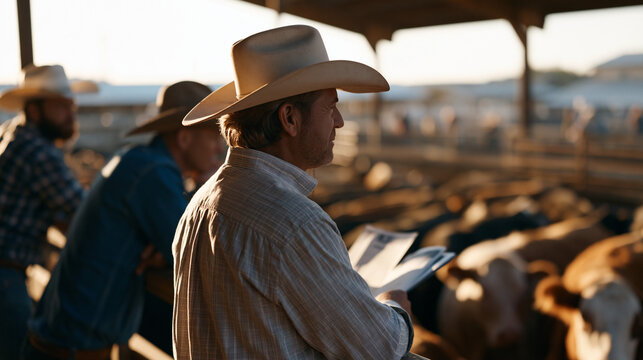Livestock auctioneer calling bids over crowded cattle pen at rural agricultural fair, cattlemen leaning over railing examining animals below, sale catalog pages fluttering, dust rising under harsh m