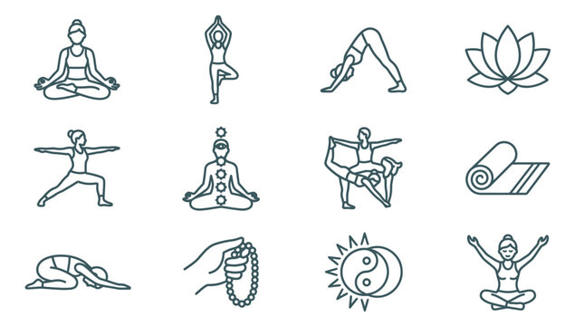 Yoga poses and symbols icons.