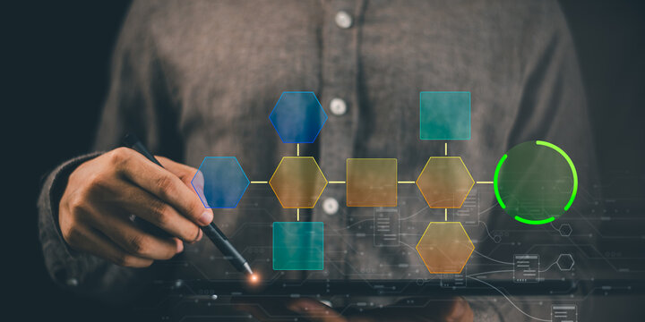 Project manager designing business workflow automation with digital flowchart, process optimization, data management, system integration, operational planning, and technology strategy.
