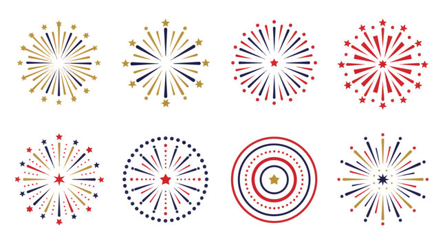 Collection of abstract starburst and circular firework graphics in patriotic colors.