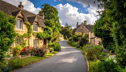 Obraz premium A quaint village road lined with lush greenery and vibrant flowers, featuring traditional cottages with sloping roofs