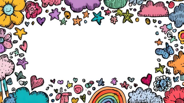 Hand-drawn colorful border frame, whimsical doodles, rainbow-colored markers, flowers, stars, hearts, clouds, playful sketchbook style.