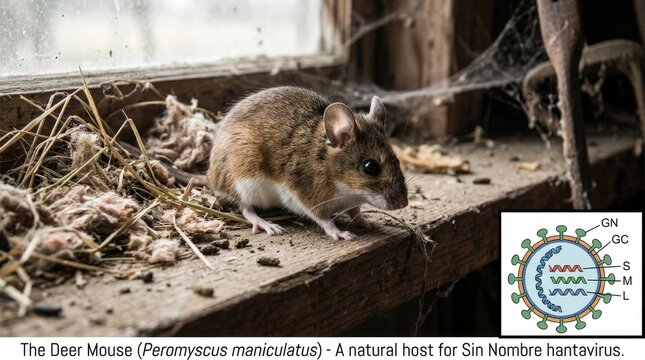 Deer mouse, Peromyscus maniculatus, a common rodent-borne host of Sin Nombre hantavirus pathogen, posing zoonotic disease outbreak risk from dried droppings, aerosol transmission, airborne dust.