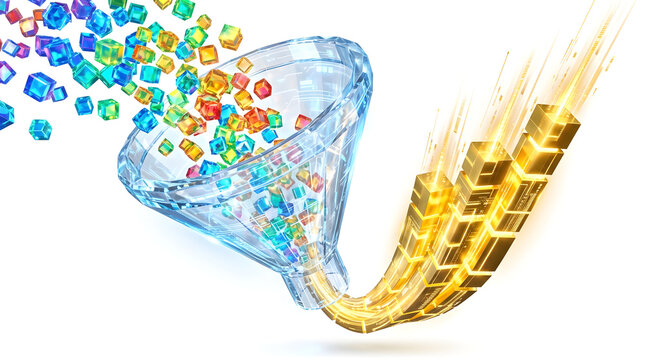 Abstract data flow graphic with colorful cubes entering a crystal funnel and exiting as golden blocks, symbolizing data processing and transformation.