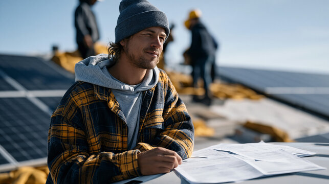 Construction crew completing a final solar panel installation while a homeowner stands below with a green building certification application in his hands, rooftop work visible against a clear Septem