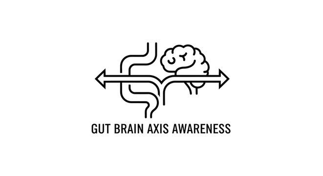 Illustrated brain with interconnected gut axis arrows.