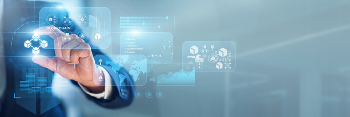 Fototapeta premium Tech lead hand-holds Blockchain ledgers across network chains to secure digital asset data. Decentralized technology ensures transparency and prevents unauthorized changes to transactions.