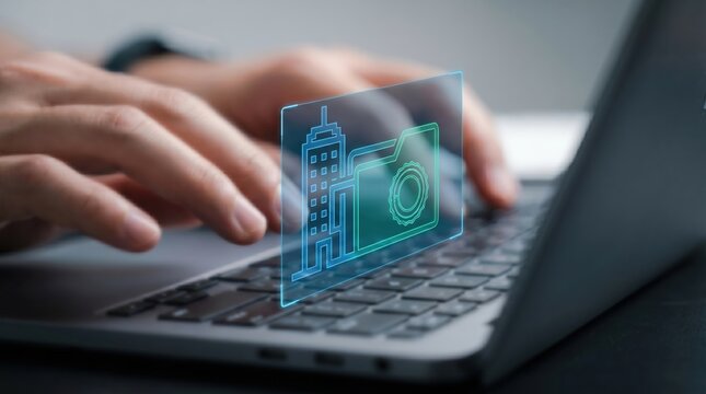 Futuristic Corporate Real Estate Tech Concept: Holographic Skyscraper and Secure Folder UI Glowing Over Laptop