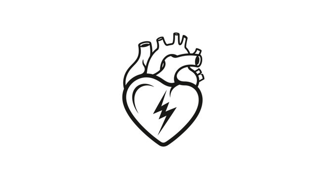 Detailed black and white heart with lightning bolt illustration.
