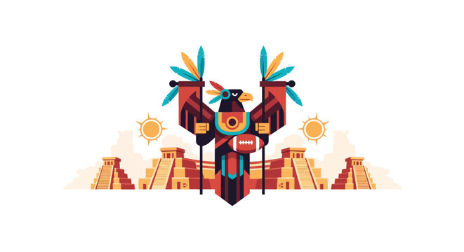 Vibrant Aztec Warrior with Headdress and Pyramids.