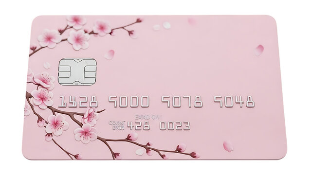 Pink credit card with a cherry blossom branch pattern, featuring a metallic emv chip and embossed white numbers against a soft pastel background