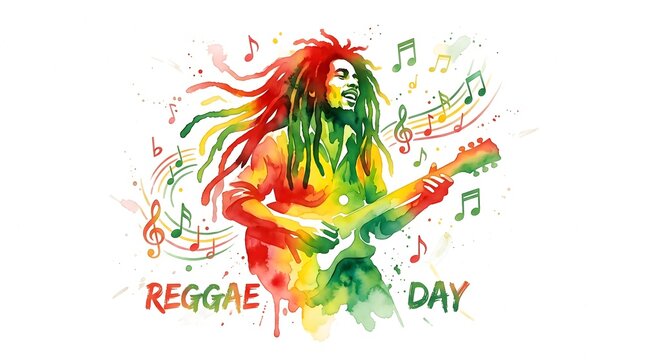 International Reggae Day Watercolor Poster with Dreadlocks Music Notes and Tropical Colors