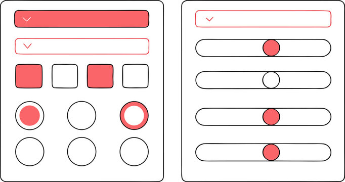 Red toggle switch and button U I on light gray background with various shapes UI red