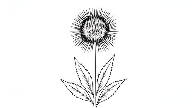 Detailed Line Art Illustration of a Thistle Flower with Spiky Leaves on a White Background.
