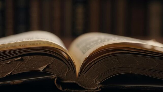Close up of an antique book with turning pages in a library.