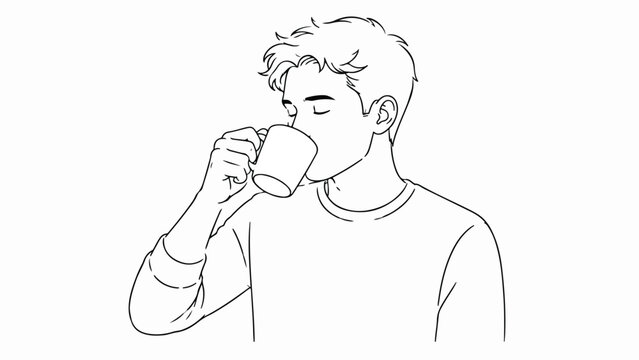 Minimalist line art of a man drinking coffee, hand drawn sketch of a young male with a mug, simple black and white vector illustration of morning routine