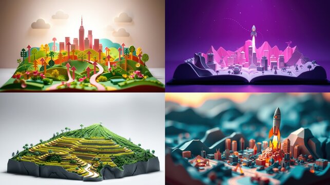 Colorful miniature cityscapes. Landscapes feature stylized buildings, roads, trees, plus rocket ships. Bright, playful designs.