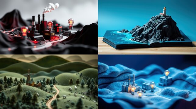 Miniature landscapes depict industry, nature, technology. Scenes show factories, mountains, lighthouse, fields, towns. Creative, detailed models.