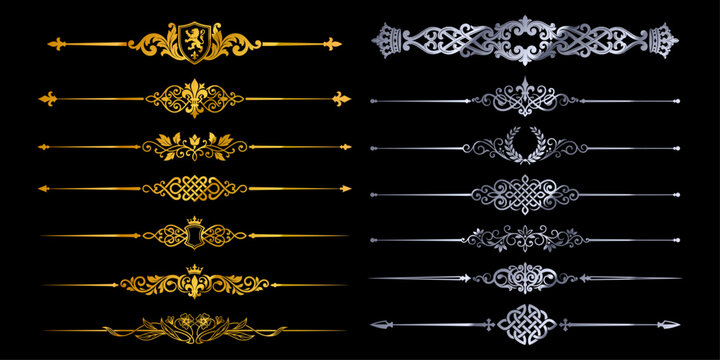 Dividers showcase a collection of sophisticated gold and silver heraldic ornaments suitable for formal designs.