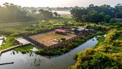 Obraz premium Aerial view of rural farmland with winding river and fields.