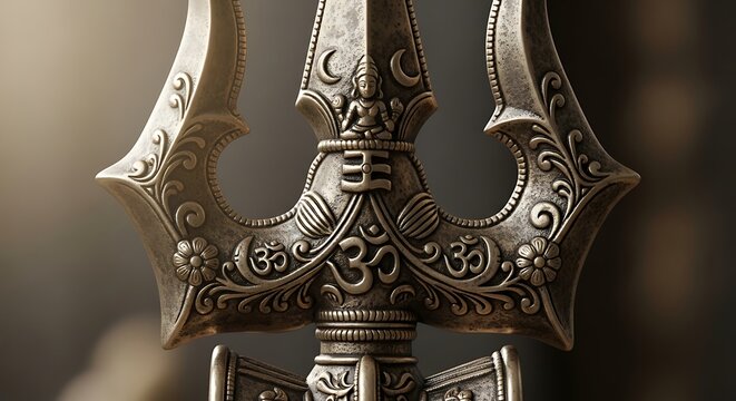 Ornate metallic Trishula with Hindu Om symbols and deity engraving