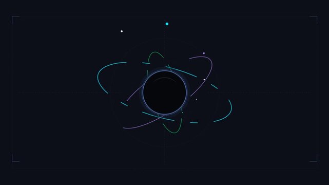 Glowing blue atomic structure rotating around a dark nucleus