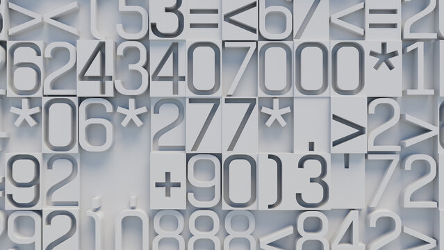 Detailed Close-Up of 3D White Numbers and Symbols on Textured Surface for Graphic Design and Data Visualization Backgrounds